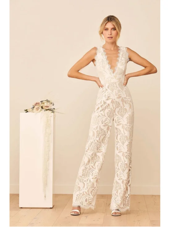 NWT Lulu’s Enamored With You White Lace Wide-Leg Jumpsuit - Picture 3 of 12